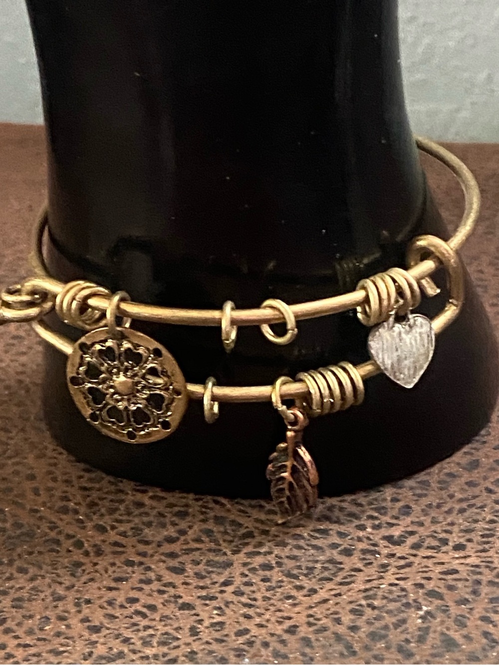 Antique Gold Tone Layered Charm Bangle Bracelet with Heart and Filigree Charms